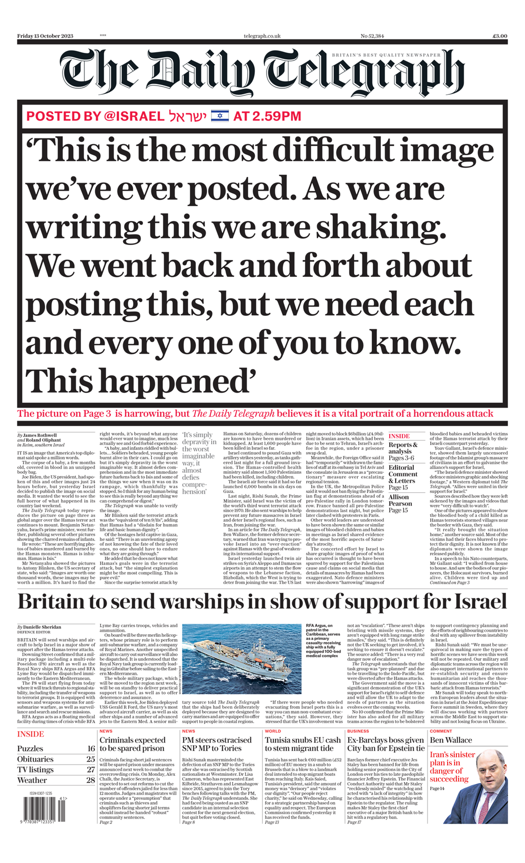 Daily Telegraph Front Page 13th Of October 2023 Tomorrow s Papers Today 