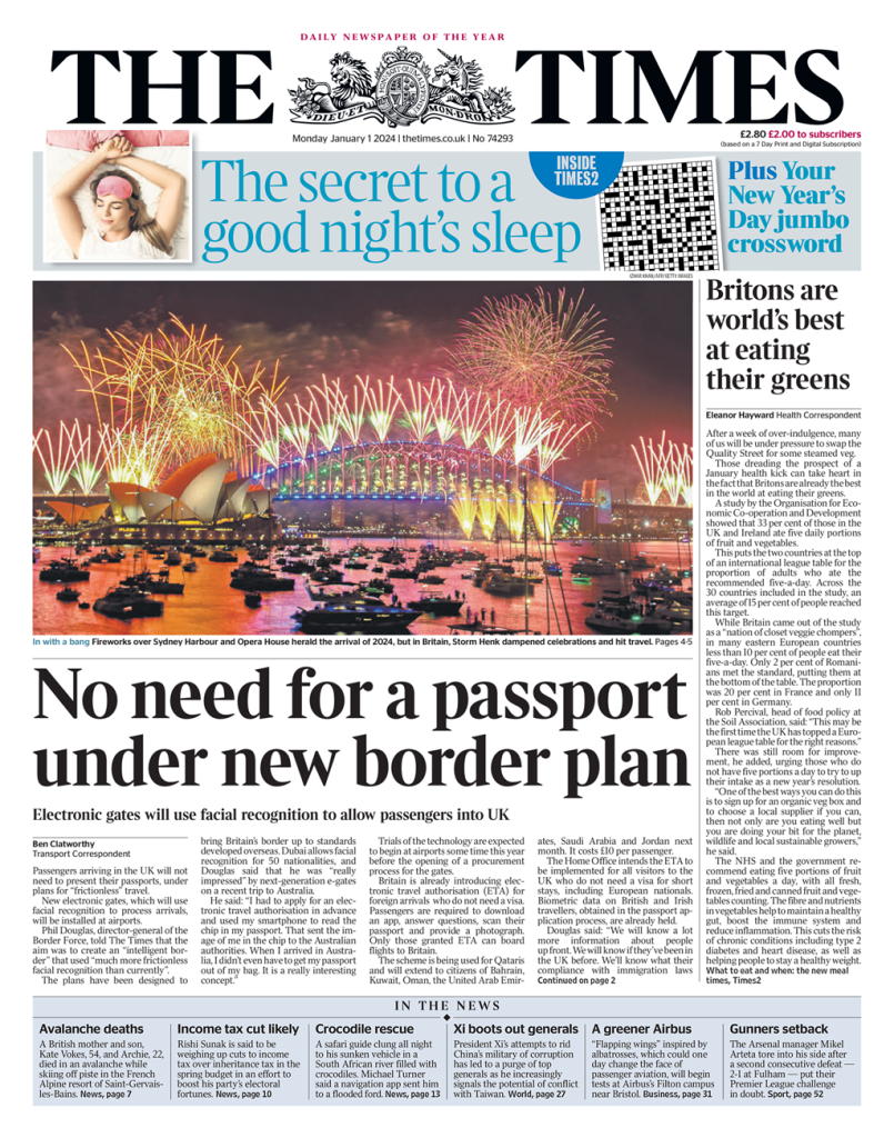 Times Front Page 1st of January 2024 Tomorrow's Papers Today!