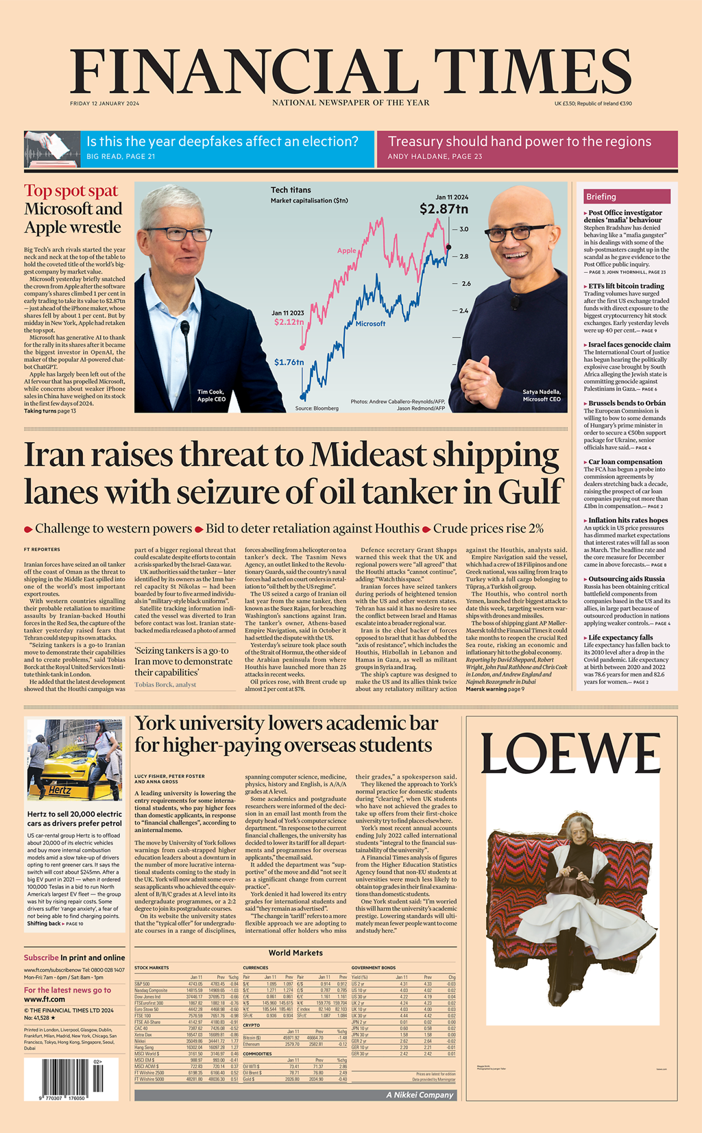 Financial Times Front Page 12th Of January 2024 Tomorrow s Papers Today 