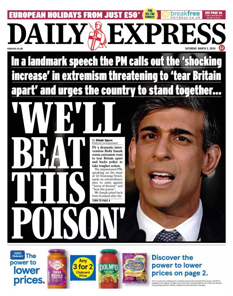 Daily Express Front Page 2nd of March 2024 Tomorrow's Papers Today!