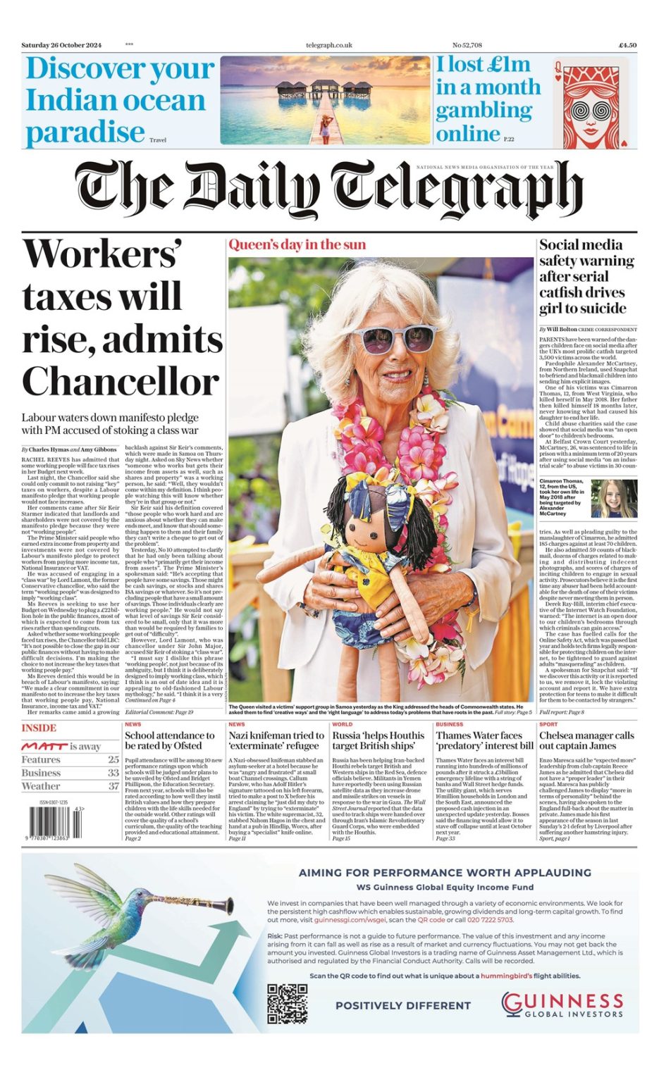 Daily Telegraph Front Page 26th of October 2024 Tomorrow's Papers Today!